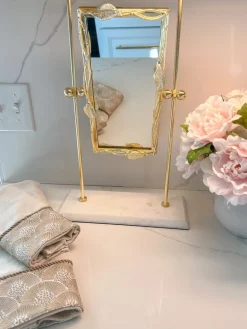 Inspire Me! Home Decor Gold Rectangle Table Mirror With Leaf Border Design And Marble Base New