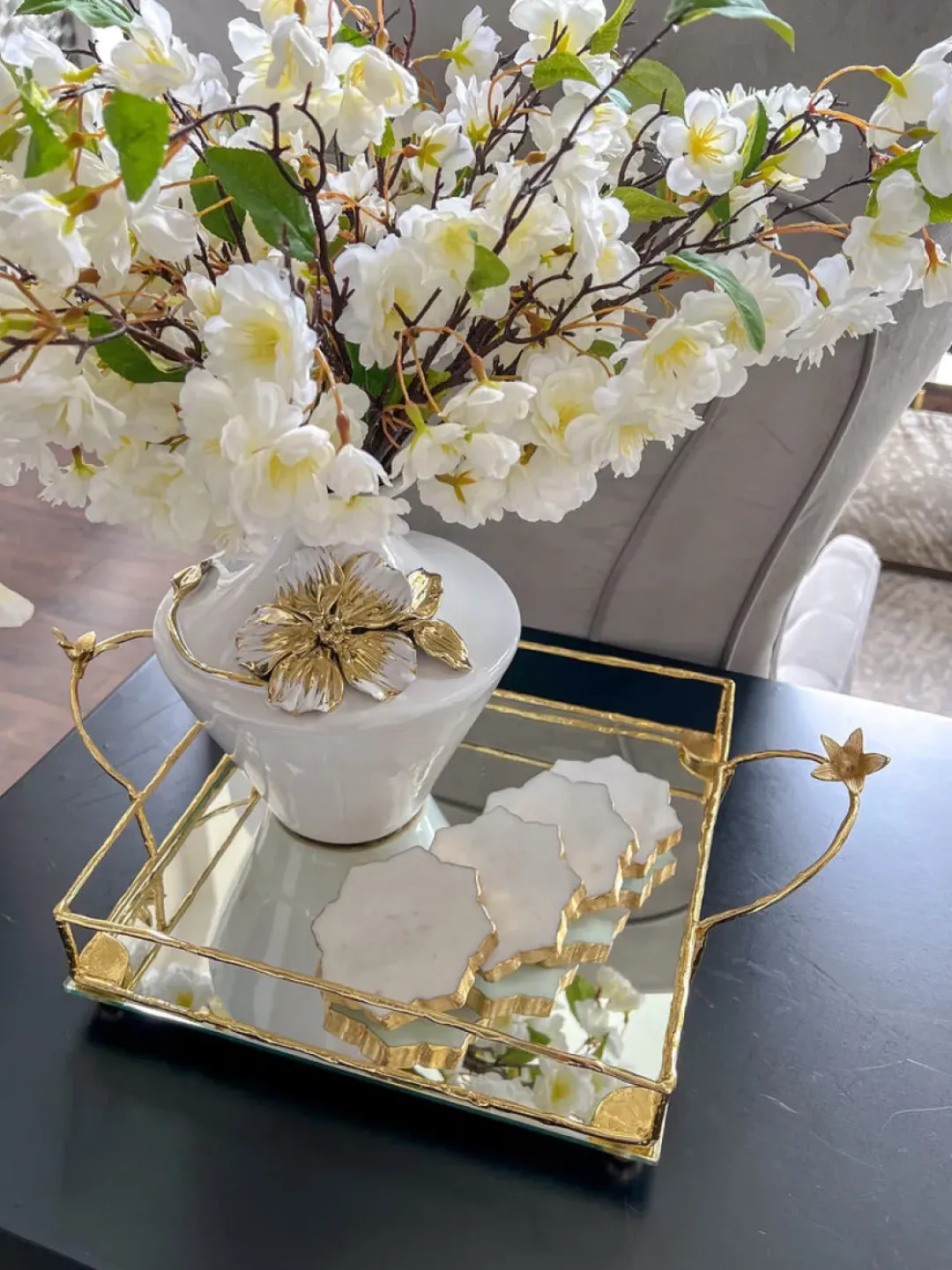 Inspire Me! Home Decor Square Gold Floral Tray With White Enamel Interior Hot