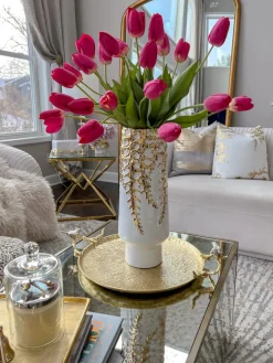 Inspire Me! Home Decor White Ceramic Vase With Gold Textured Flower Design Discount